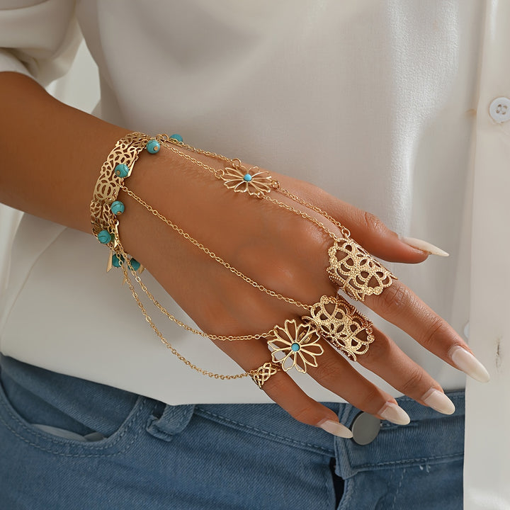 1 piece glove bracelet in metal with rings and chain, geometric design, small round pendants in blue