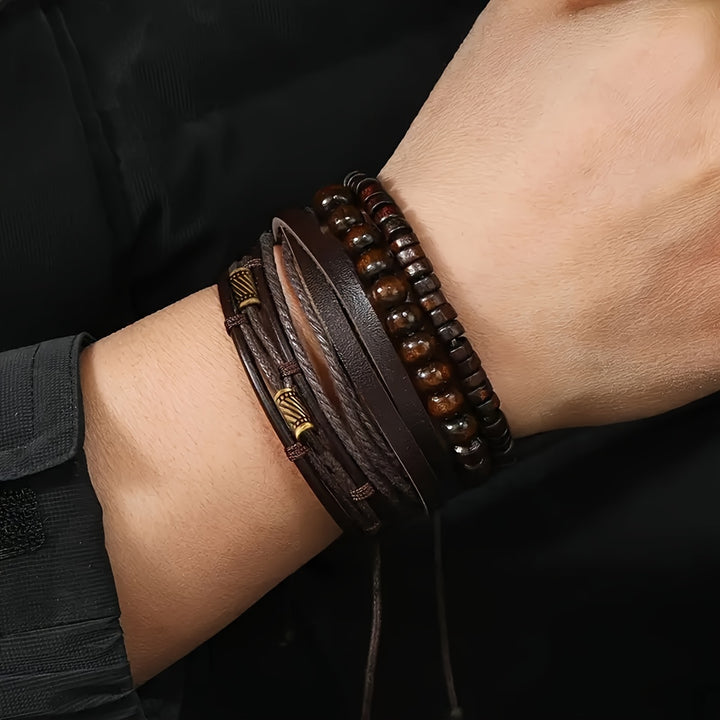 4Pcs Retro Wooden Beads Men's Bracelets