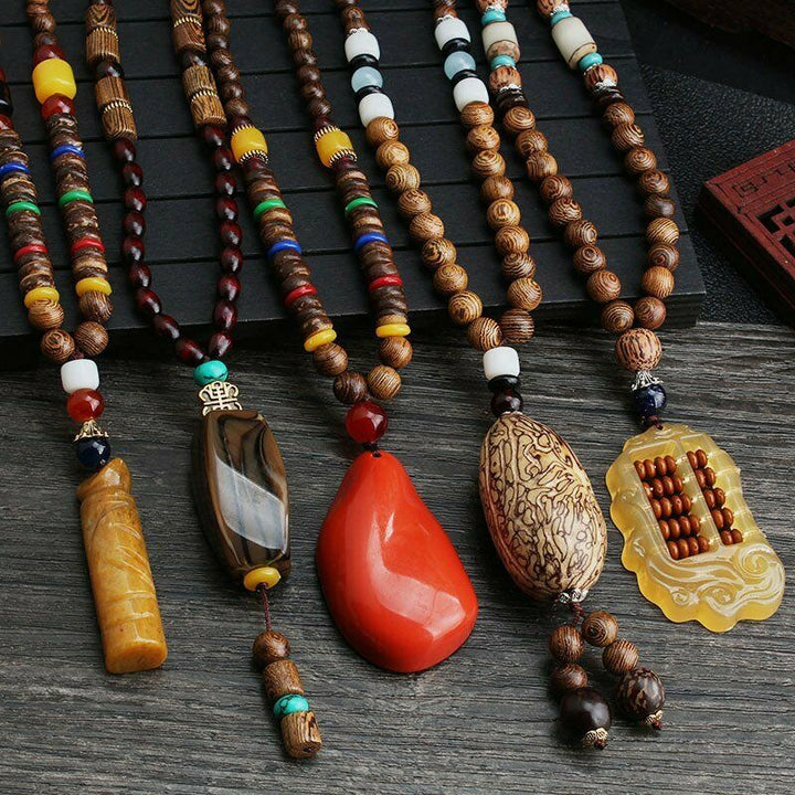 1pc Fashion Men's Vintage Wooden Beads Necklace, Long Chain and Bodhi Pendant