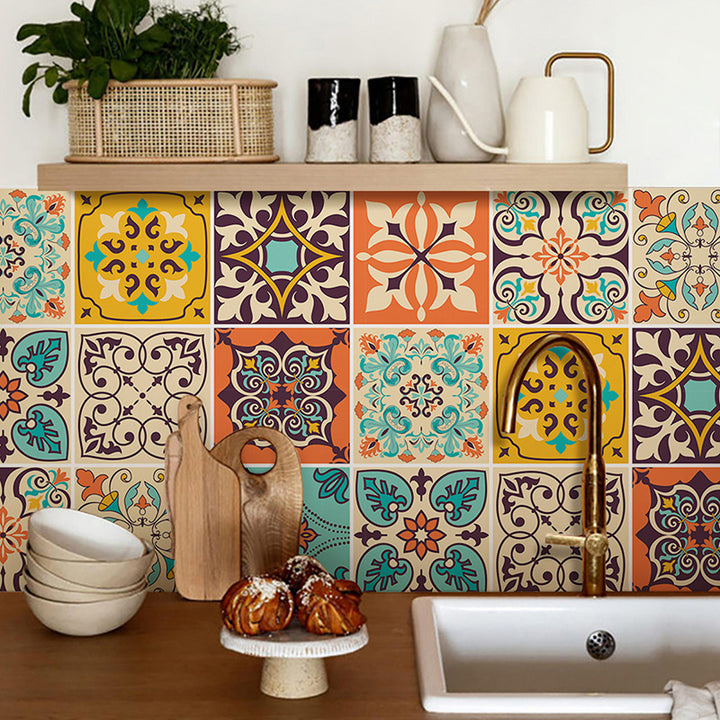 30pcs Bohemian Style Tile Self-Adhesive Wall Stickers, Peel And Stick, Waterproof Living Room Kitchen Bedroom Wall Stickers, Vinyl Wall Decals, Home Wall Decoration, 10.16x10.16 Cm