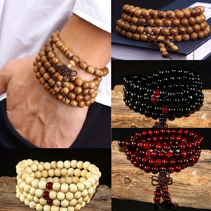 Unisex natural sandalwood prayer bracelet with 108 8 mm beads, black ebony wood knotted accessory, ideal for meditative practices