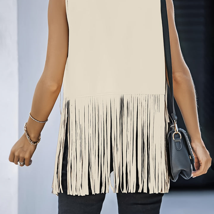 Fringe Trim Faux Suede Vest, Vintage Open Front Sleeveless 70s Hippie Vest, Women's Clothing