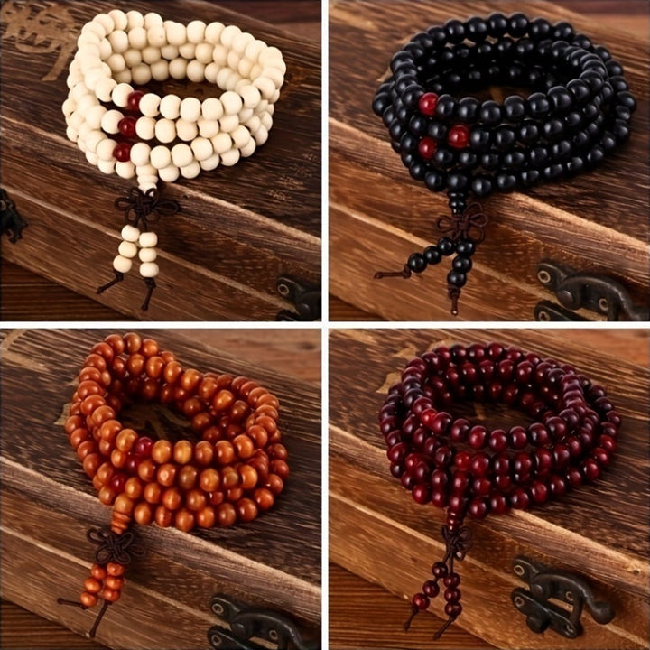 Unisex natural sandalwood prayer bracelet with 108 8 mm beads, black ebony wood knotted accessory, ideal for meditative practices