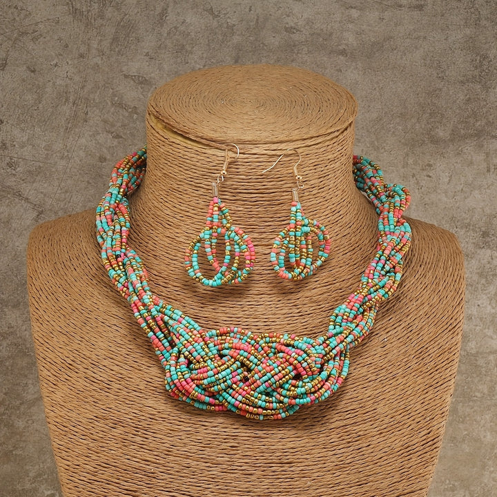 3-Piece Set, 1 Pair of Boho Style Earrings and Necklace, Jewelry Made of Colorful Beads, Fashionable Braid Design,