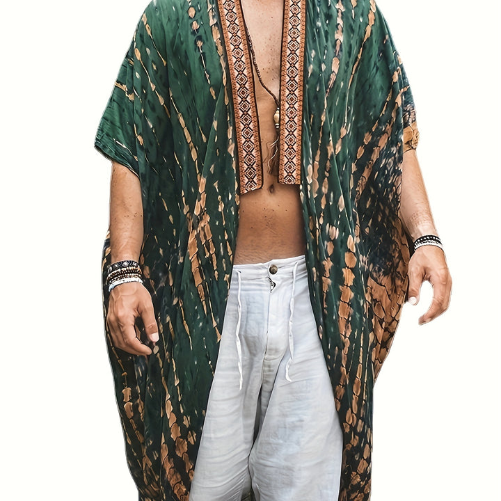 Men's Bohemian Style Floral Long Cloak For Beach Vacation, Ethnic Style Costume Sun-protective Coat, Long Blouse Shirt For Summer/spring/autumn, Men's Clothing, Plus Size