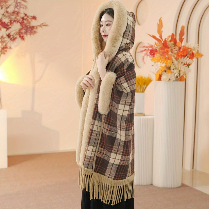 1pc Luxurious Winter Poncho With Buffalo Plaid Pattern, Faux Fur Collar, And Tassel, Ideal choice for Gifts