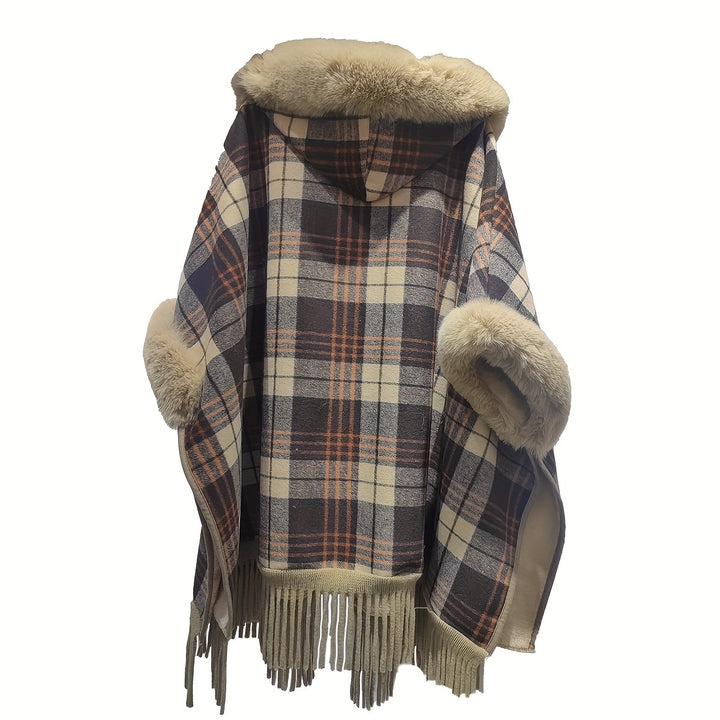 1pc Luxurious Winter Poncho With Buffalo Plaid Pattern, Faux Fur Collar, And Tassel, Ideal choice for Gifts