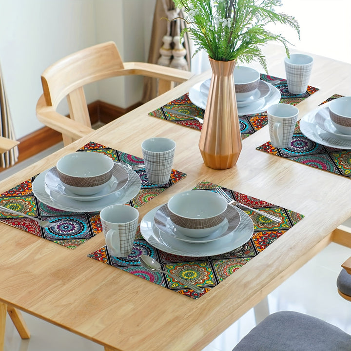 4pcs, Boho Mandala Placemats, Mexican Ethnic Traditional Pattern With Geometric Plaids, Bohemian Flower, Washable Table Place Mats, For Dining, Kitchen, Party