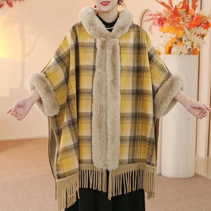 1pc Luxurious Winter Poncho With Buffalo Plaid Pattern, Faux Fur Collar, And Tassel, Ideal choice for Gifts