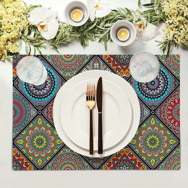 4pcs, Boho Mandala Placemats, Mexican Ethnic Traditional Pattern With Geometric Plaids, Bohemian Flower, Washable Table Place Mats, For Dining, Kitchen, Party