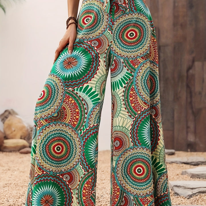 Mandala Print Wide Leg Pants, Elegant Knot High Waist Pants For Spring & Summer, Women's Clothing