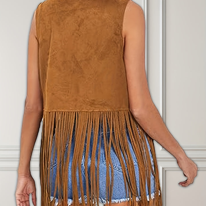 Fringe Trim Faux Suede Vest, Vintage Open Front Sleeveless 70s Hippie Vest, Women's Clothing