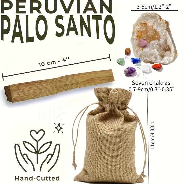 1pack Palo Santo Sticks Kit, 1 Natural White Agate Crystal Cave & 7 Chakra Reiki Stones, Ideal For Yoga & Meditation, With Gift Box, Authentic Smudge Sticks With Reusable Drawstring Bag