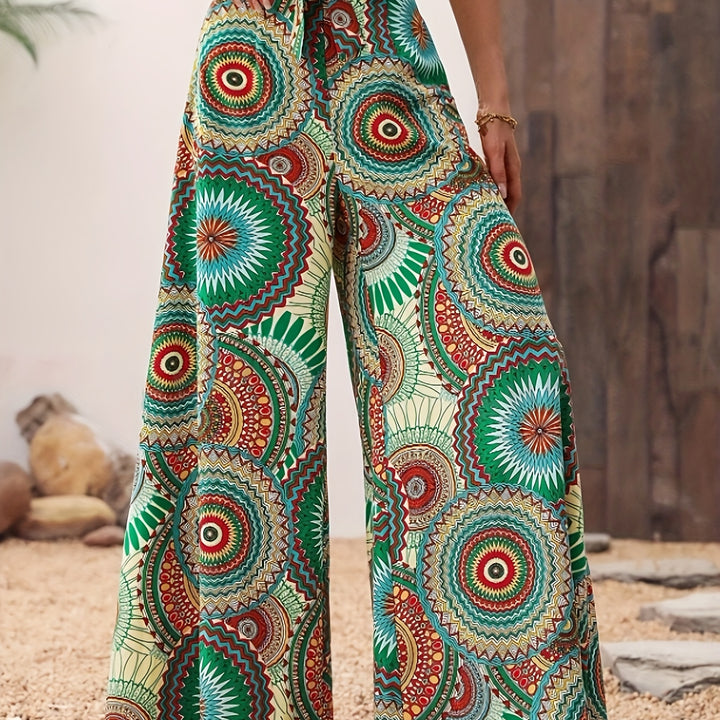 Mandala Print Wide Leg Pants, Elegant Knot High Waist Pants For Spring & Summer, Women's Clothing