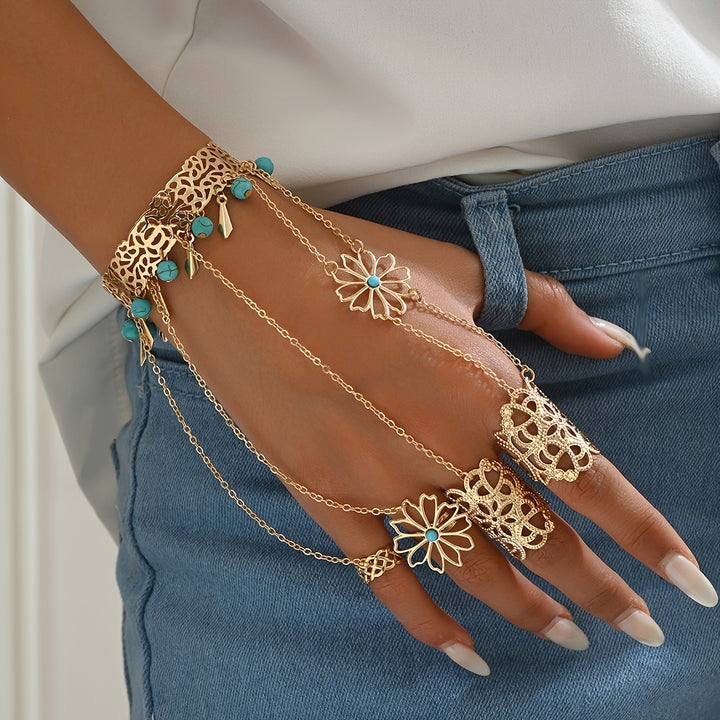 1 piece glove bracelet in metal with rings and chain, geometric design, small round pendants in blue