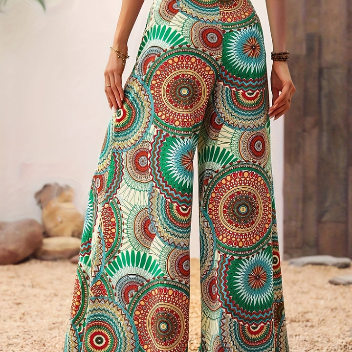 Mandala Print Wide Leg Pants, Elegant Knot High Waist Pants For Spring & Summer, Women's Clothing