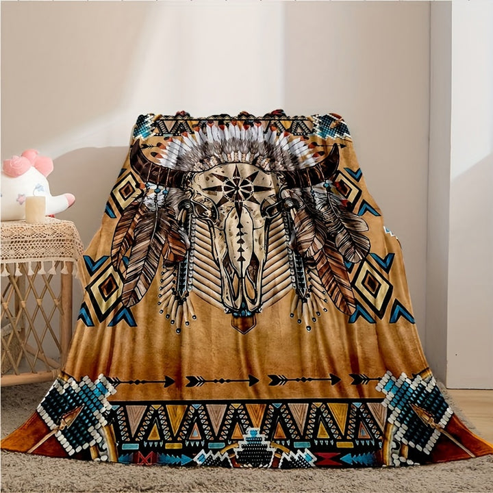 1pc, European And American Native Series Flannel Blanket, Air Conditioning Blanket, Airplane Blanket, Nap Blanket, Throw Blanket