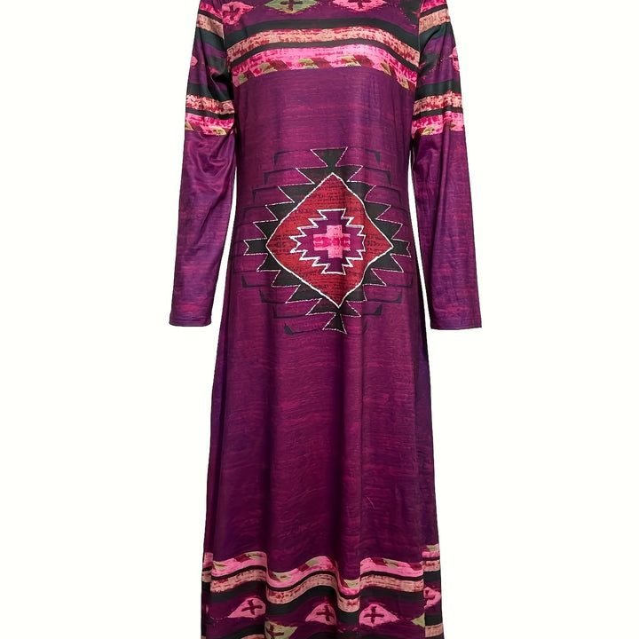 Ethnic Style Print Loose Maxi Dress, Vintage Long Sleeve Dress Spring & Fall, Women's Clothing