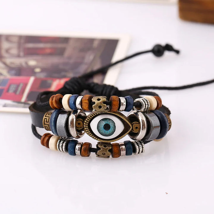 Kirykle Boho Gypsy Hippie Design Leather Rope Eye Bracelet Multi-layer Leather Woven Beaded Bracelet Unisex Adjustable Jewelry