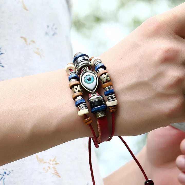 Kirykle Boho Gypsy Hippie Design Leather Rope Eye Bracelet Multi-layer Leather Woven Beaded Bracelet Unisex Adjustable Jewelry