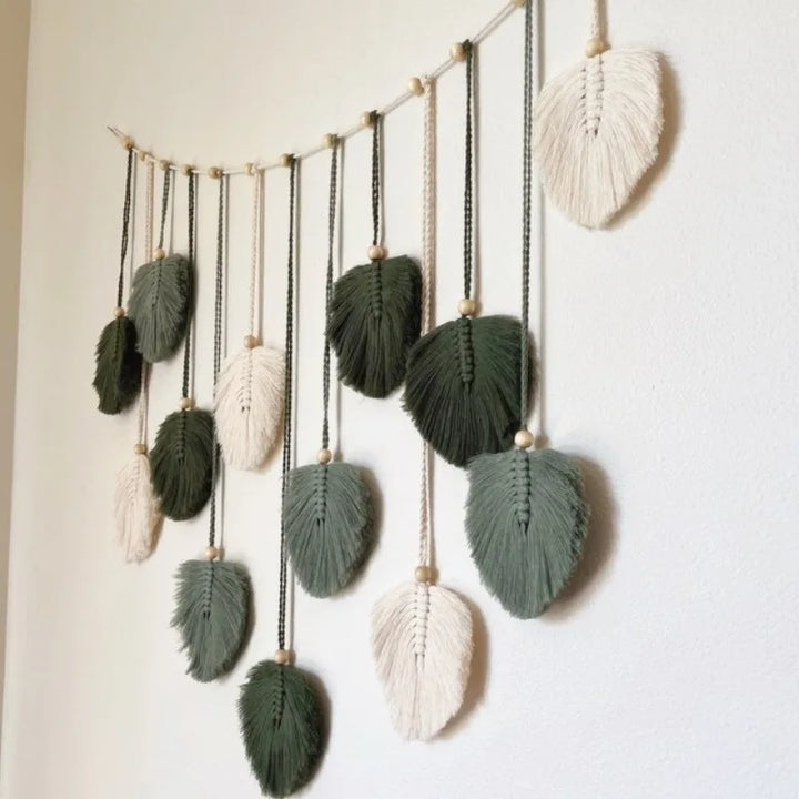 1 Pc Green Leaves Garland, Macrame Wall Art, Above Bed Decor, Boho Home Decor, Mid Century Modern, Living Room Wall Decor, Plant