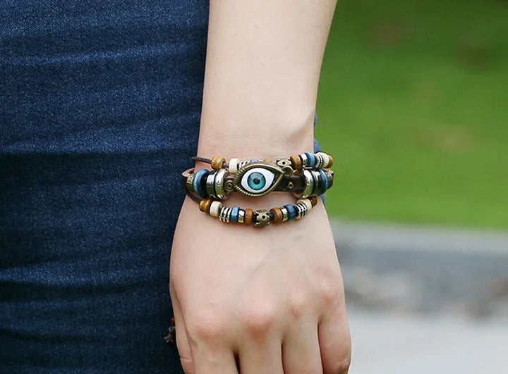 Kirykle Boho Gypsy Hippie Design Leather Rope Eye Bracelet Multi-layer Leather Woven Beaded Bracelet Unisex Adjustable Jewelry