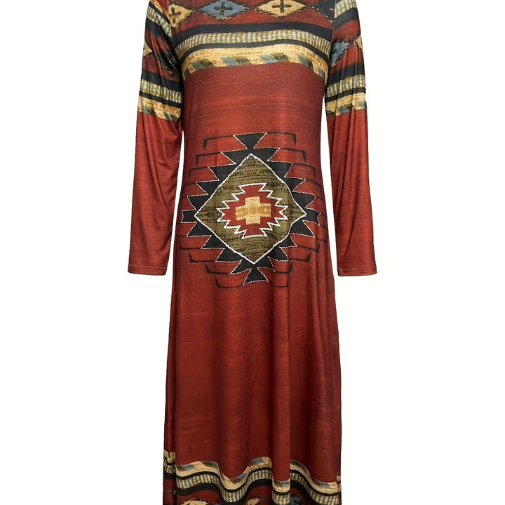 Ethnic Style Print Loose Maxi Dress, Vintage Long Sleeve Dress Spring & Fall, Women's Clothing