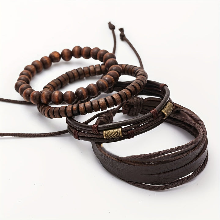 4Pcs Retro Wooden Beads Men's Bracelets