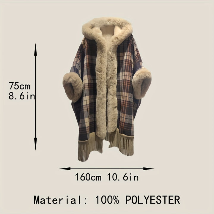 1pc Luxurious Winter Poncho With Buffalo Plaid Pattern, Faux Fur Collar, And Tassel, Ideal choice for Gifts