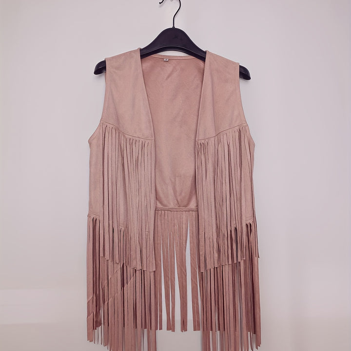 Fringe Trim Faux Suede Vest, Vintage Open Front Sleeveless 70s Hippie Vest, Women's Clothing