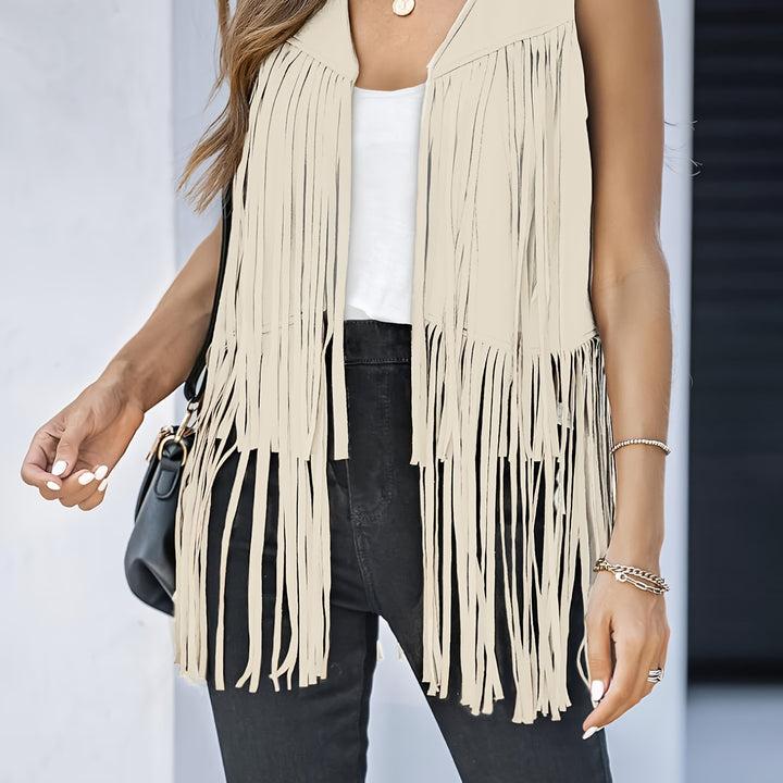 Fringe Trim Faux Suede Vest, Vintage Open Front Sleeveless 70s Hippie Vest, Women's Clothing