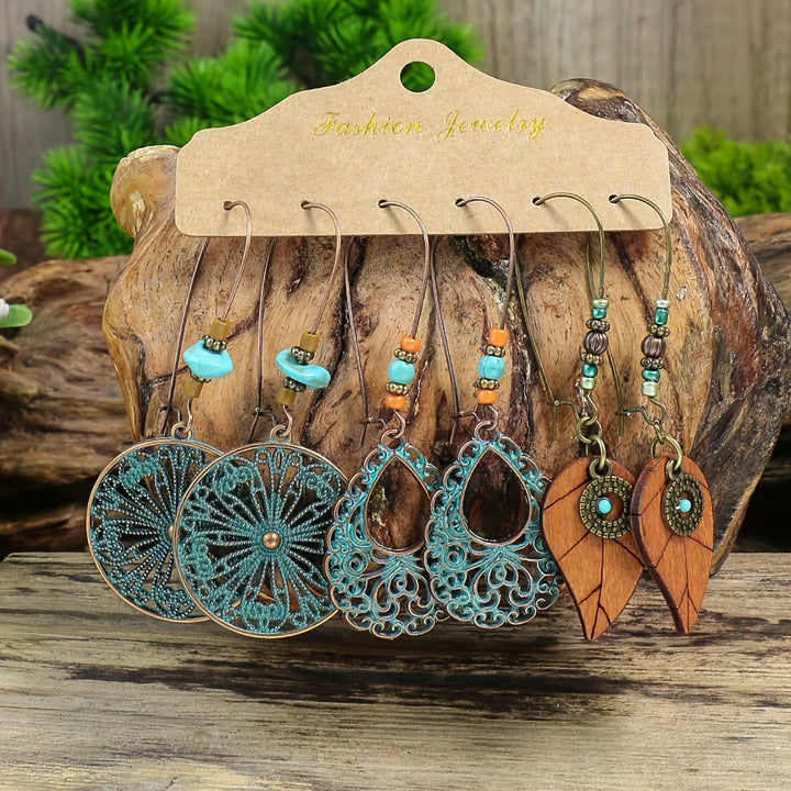 12 Pairs of Retro Style Distressed Geometric Round Dangle Earrings