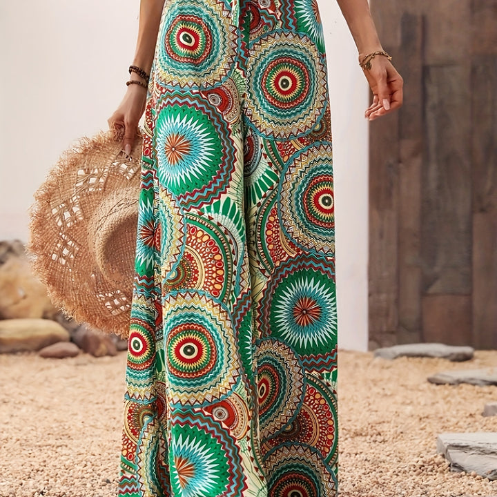 Mandala Print Wide Leg Pants, Elegant Knot High Waist Pants For Spring & Summer, Women's Clothing