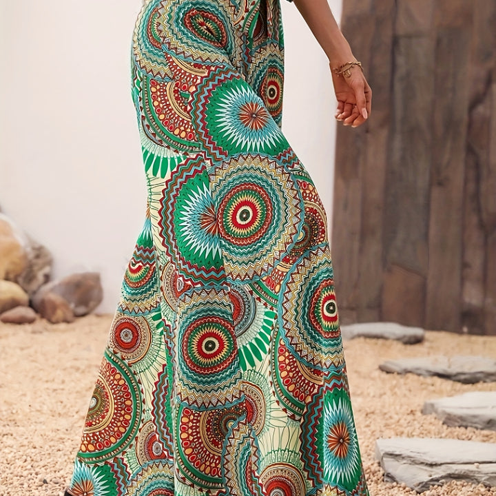 Mandala Print Wide Leg Pants, Elegant Knot High Waist Pants For Spring & Summer, Women's Clothing