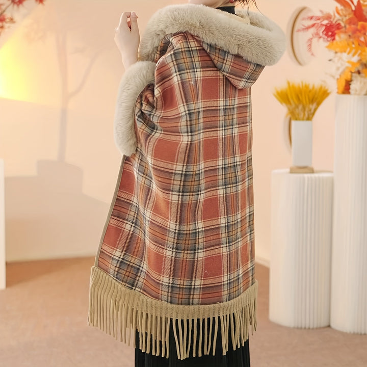 1pc Luxurious Winter Poncho With Buffalo Plaid Pattern, Faux Fur Collar, And Tassel, Ideal choice for Gifts