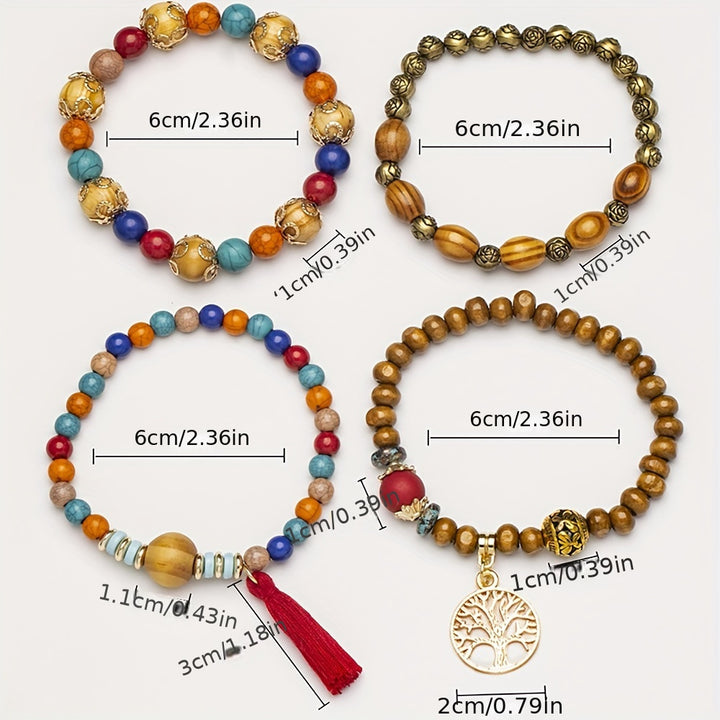 4Pcs Women Bracelets Set, Bohemian Style Tree of Life Charm Beaded Handmade Wooden Beads Chain