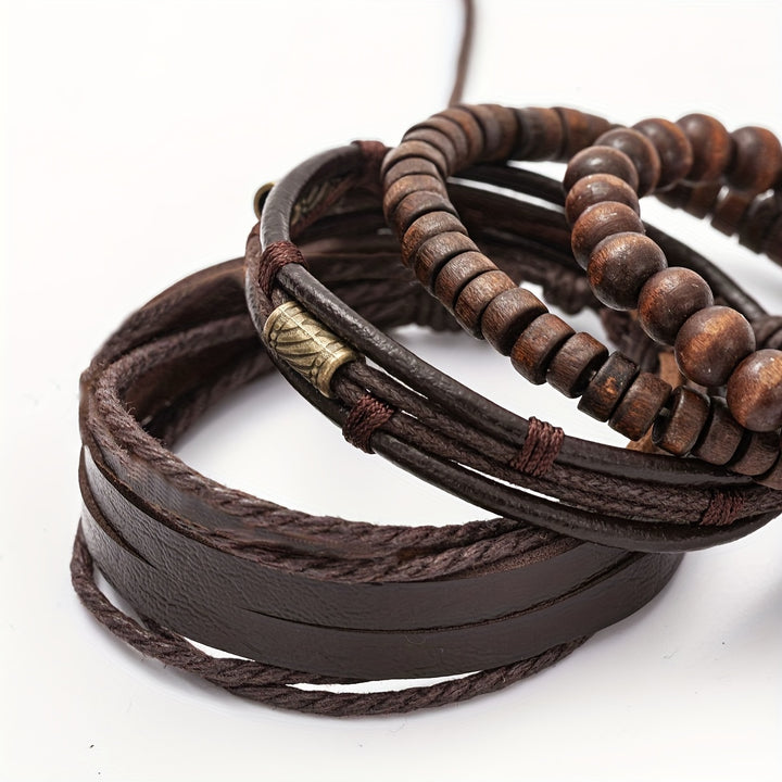 4Pcs Retro Wooden Beads Men's Bracelets