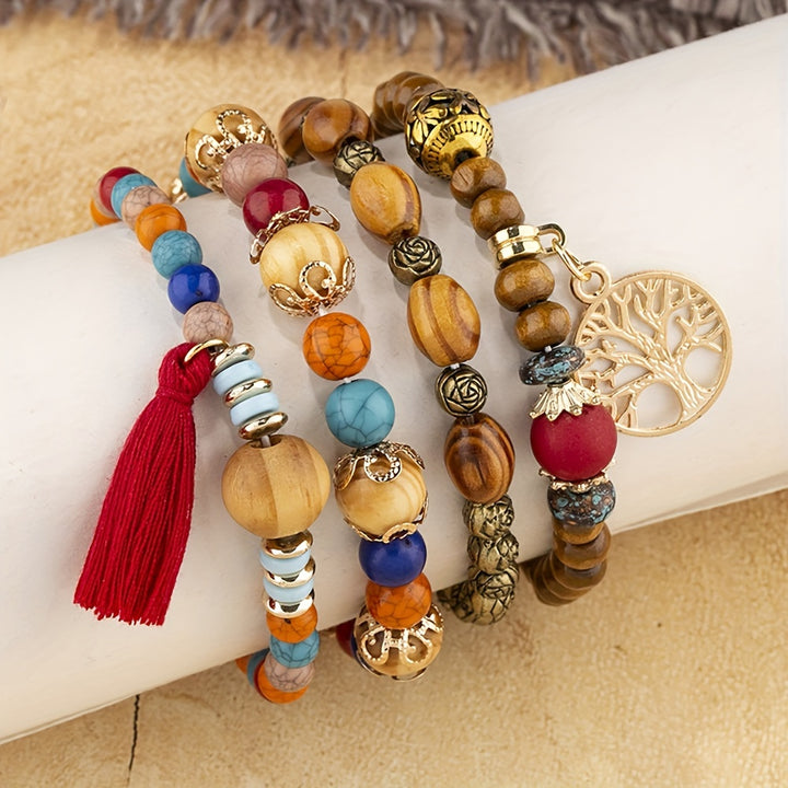 4Pcs Women Bracelets Set, Bohemian Style Tree of Life Charm Beaded Handmade Wooden Beads Chain