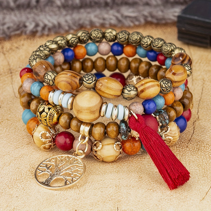 4Pcs Women Bracelets Set, Bohemian Style Tree of Life Charm Beaded Handmade Wooden Beads Chain