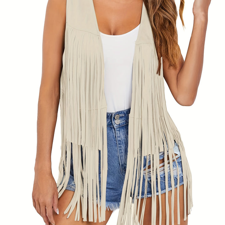 Fringe Trim Faux Suede Vest, Vintage Open Front Sleeveless 70s Hippie Vest, Women's Clothing