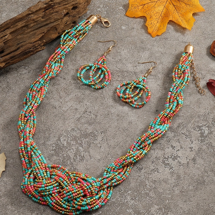 3-Piece Set, 1 Pair of Boho Style Earrings and Necklace, Jewelry Made of Colorful Beads, Fashionable Braid Design,