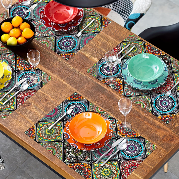 4pcs, Boho Mandala Placemats, Mexican Ethnic Traditional Pattern With Geometric Plaids, Bohemian Flower, Washable Table Place Mats, For Dining, Kitchen, Party