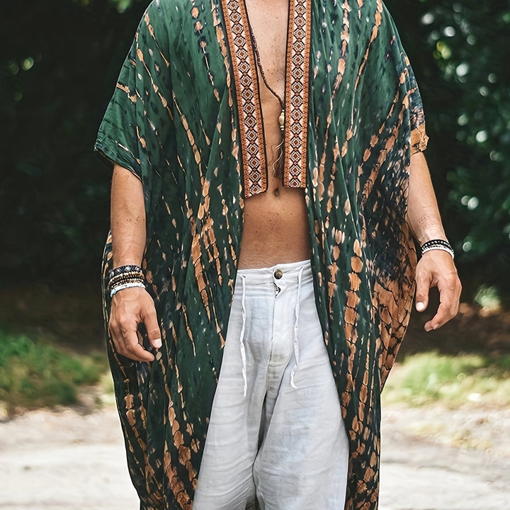 Men's Bohemian Style Floral Long Cloak For Beach Vacation, Ethnic Style Costume Sun-protective Coat, Long Blouse Shirt For Summer/spring/autumn, Men's Clothing, Plus Size