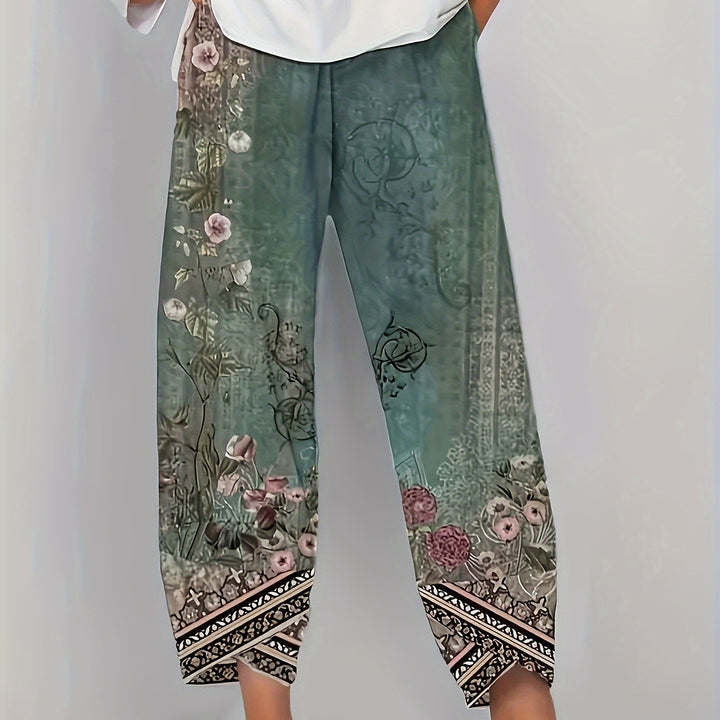 Floral Print Straight Leg Pants, Casual Elastic Waist Asymmetric Hem Pants For Spring & Summer, Women's Clothing